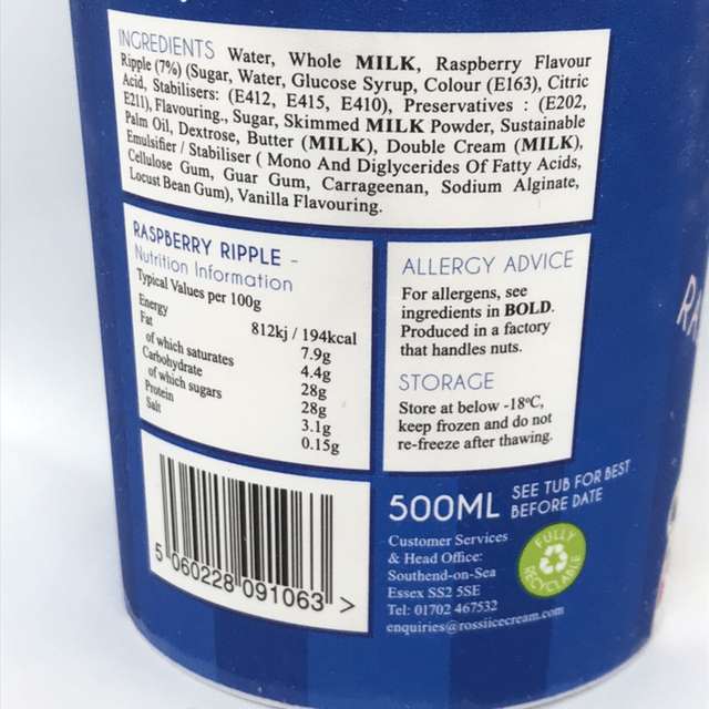 Rossi raspberry ripple ice cream 500ml